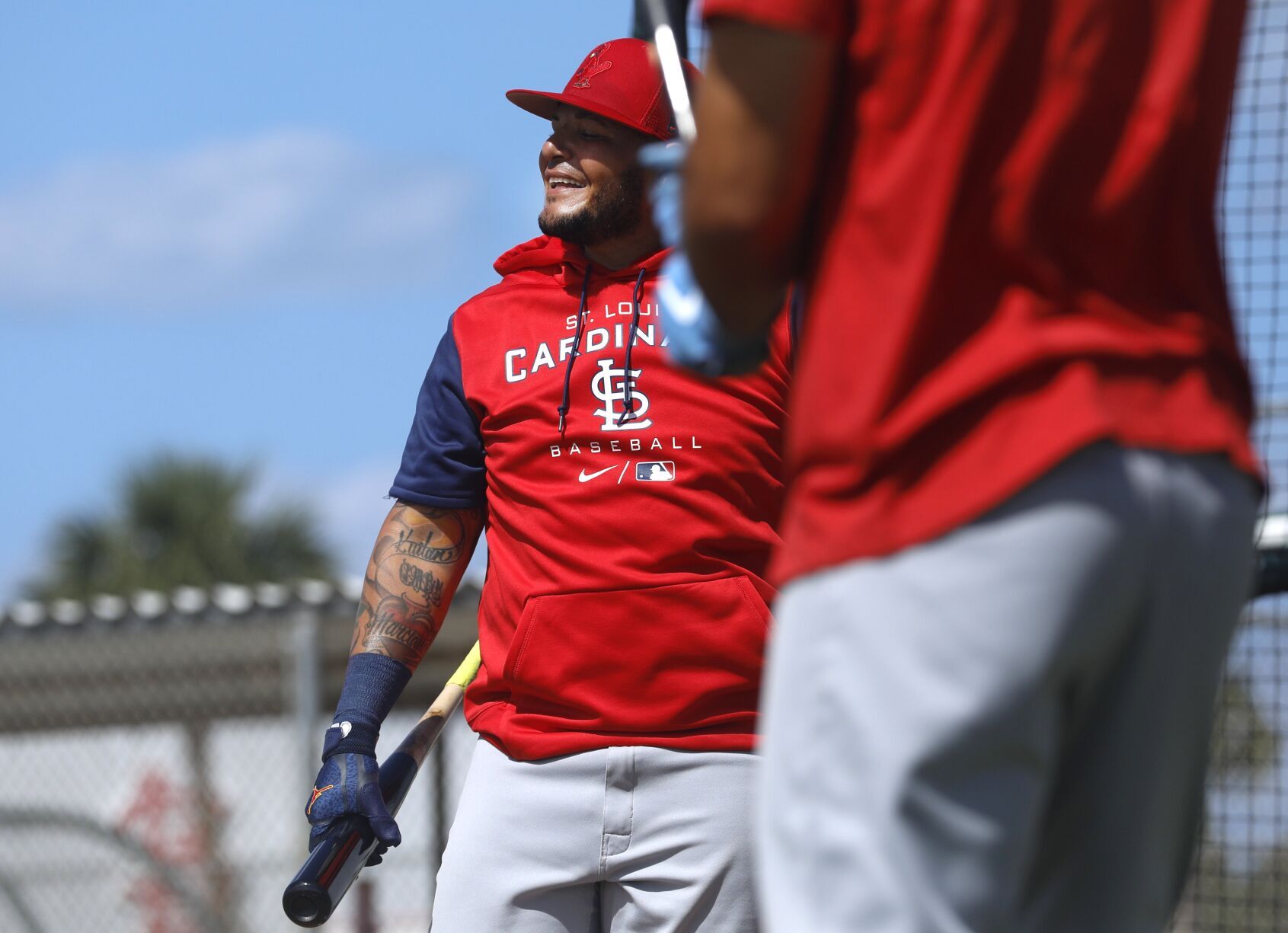 St. Louis Cardinals catcher Yadier Molina arrives on day 8 of team workouts in Jupiter